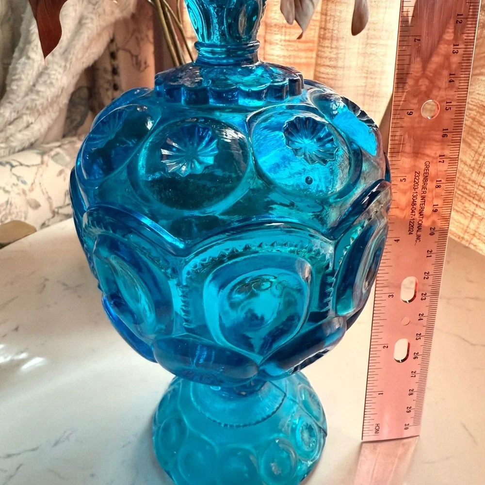 Vintage LE Smith Moon & Stars Blue Glass Candy Dish Compote with Lid - Picture 3 of 7